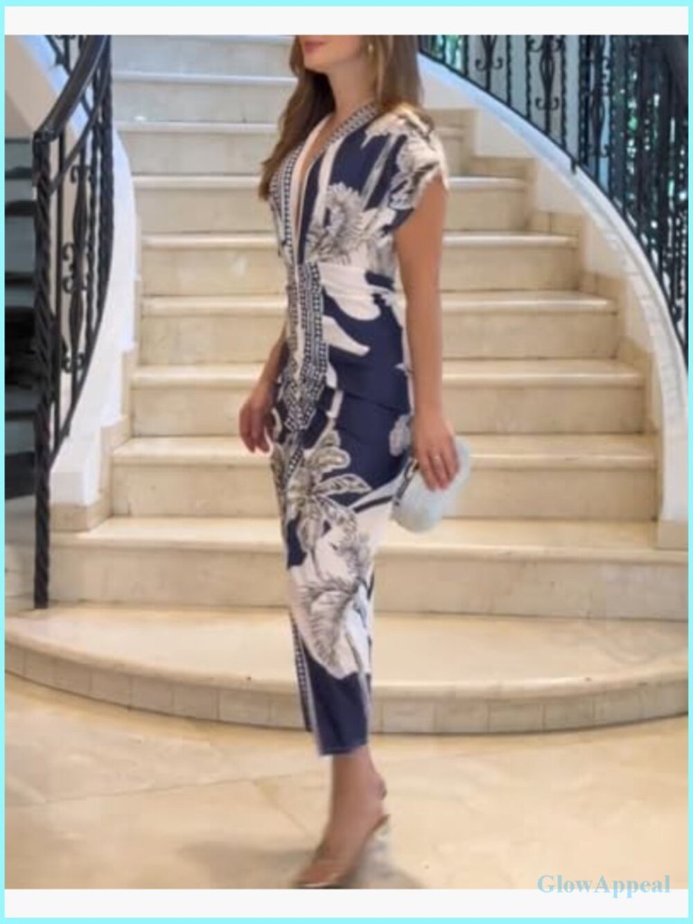 Floral Plunge V Neck Midi Dress Ruched Slit Bodycon Party - Picture 3 of 7